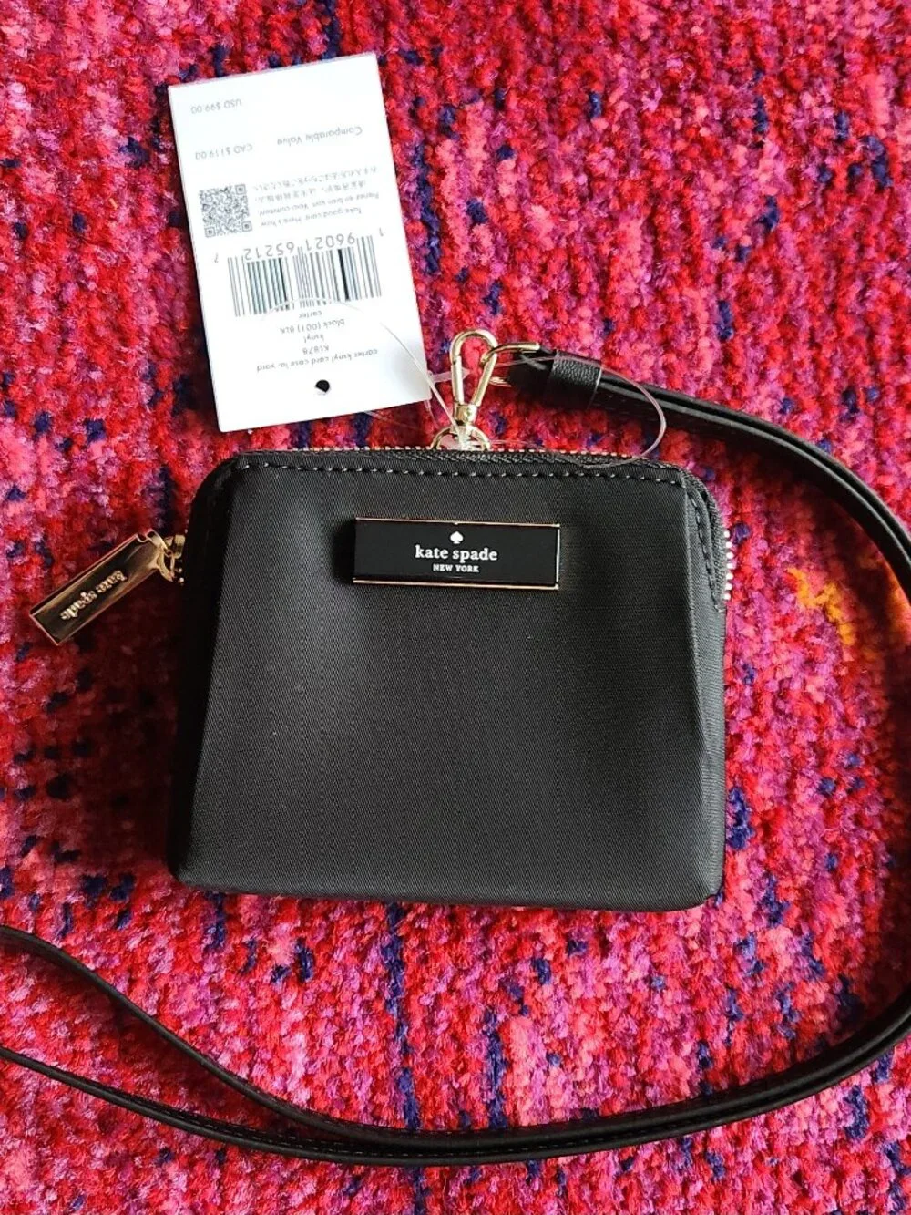 NWT Black Kate Spade Carter Nylon Card Case Lanyard